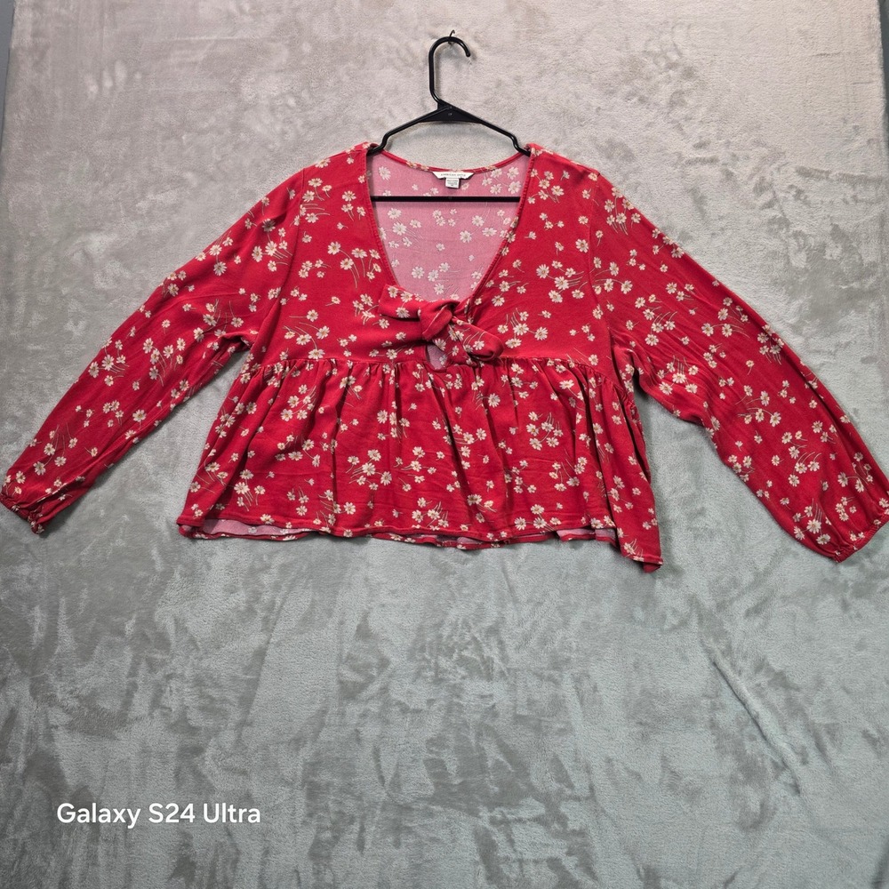 American Eagle Red Daisy Floral Tie Front Babydoll Peplum Top XXL Long Sleeve